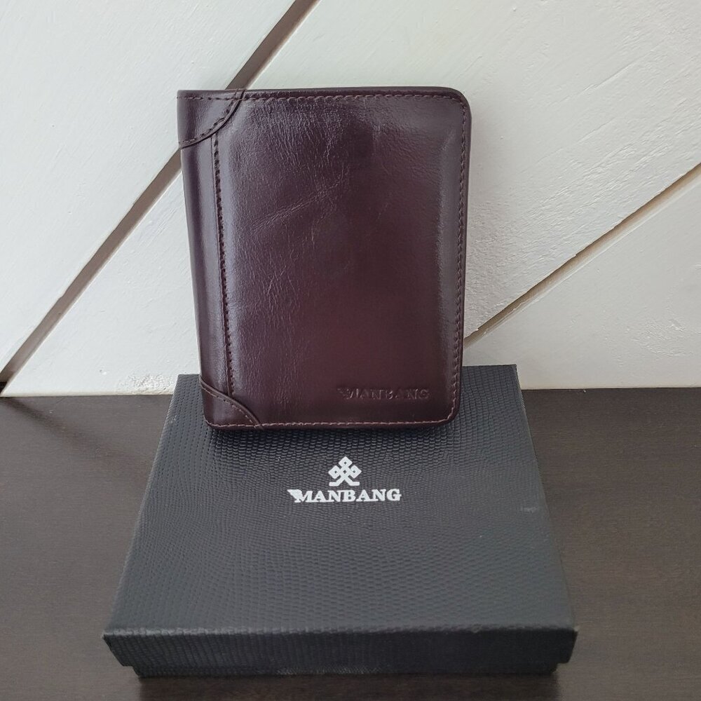 NEW MANBANG Men's Genuine Cowhide Leather Extra Capacity RFID Bifold Wallet 12CT